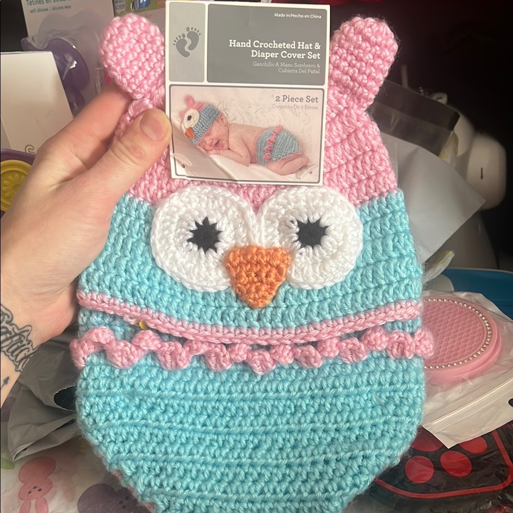 Hand Crocheted Owl Hat & Diaper Cover Set - Pink, Blue, and Orange 0-9months